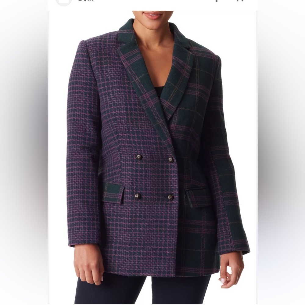 Sam Edelman Braelynn Checked Double-Breasted Plaid Blazer Darkest Spruce Plaid